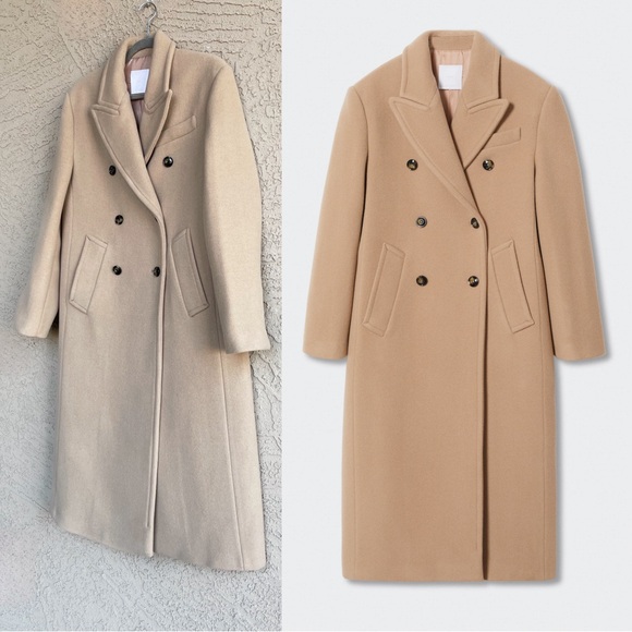 MANGO NWOT Neutral Camel Beige Long Double Breasted Virgin Italian Wool Coat S - Picture 16 of 16